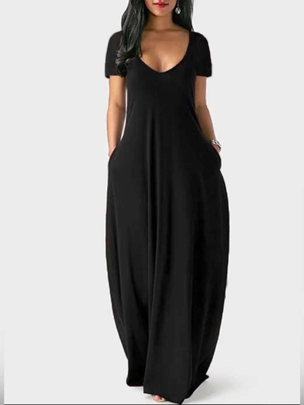 Women's Black Short Sleeve Scoop Neck Maxi Dress with Pockets